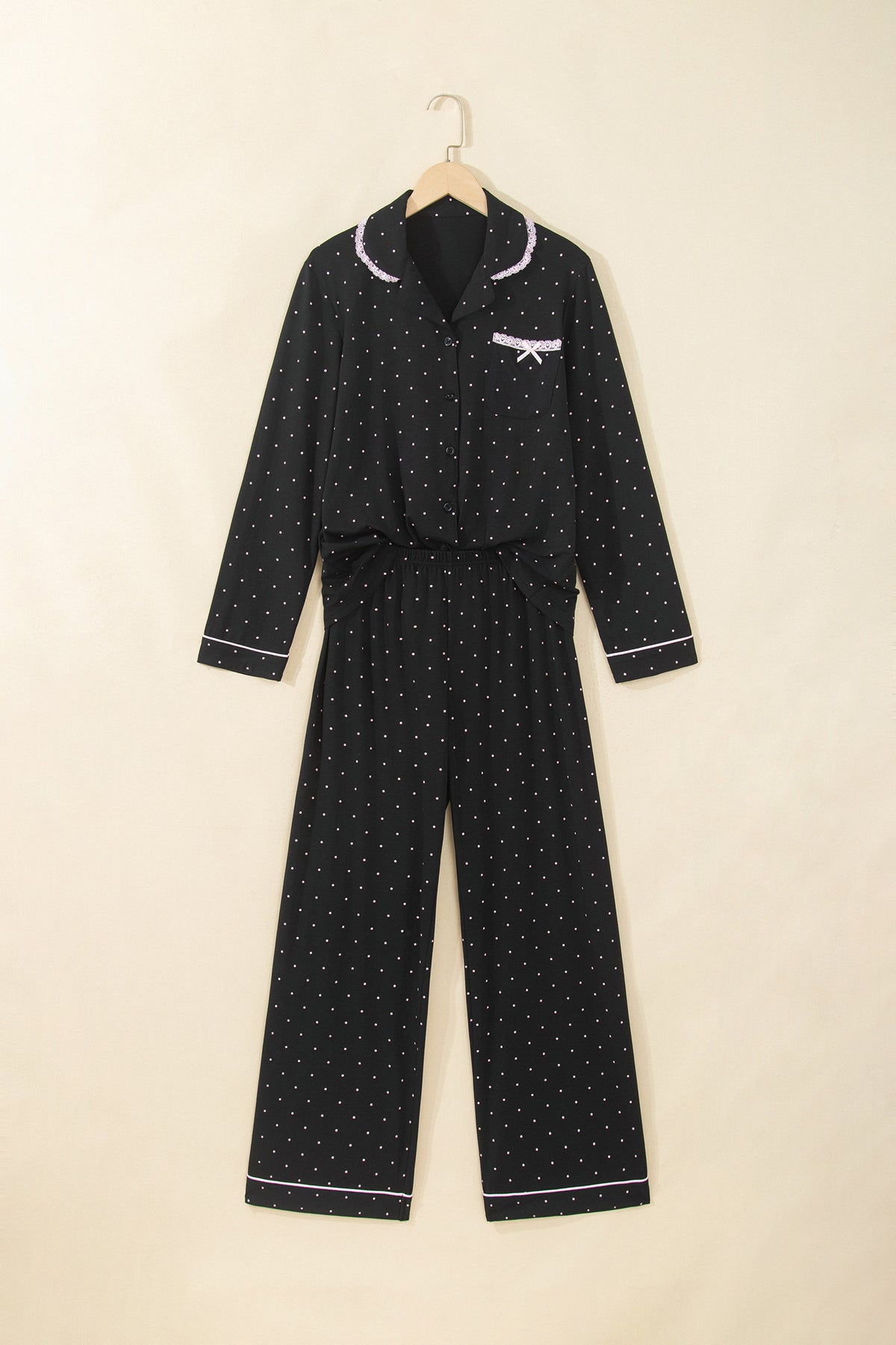 Black Polka Dot Long Sleeve Shirt Lace Detail Two Piece Pajama Pant Set 🇺🇸