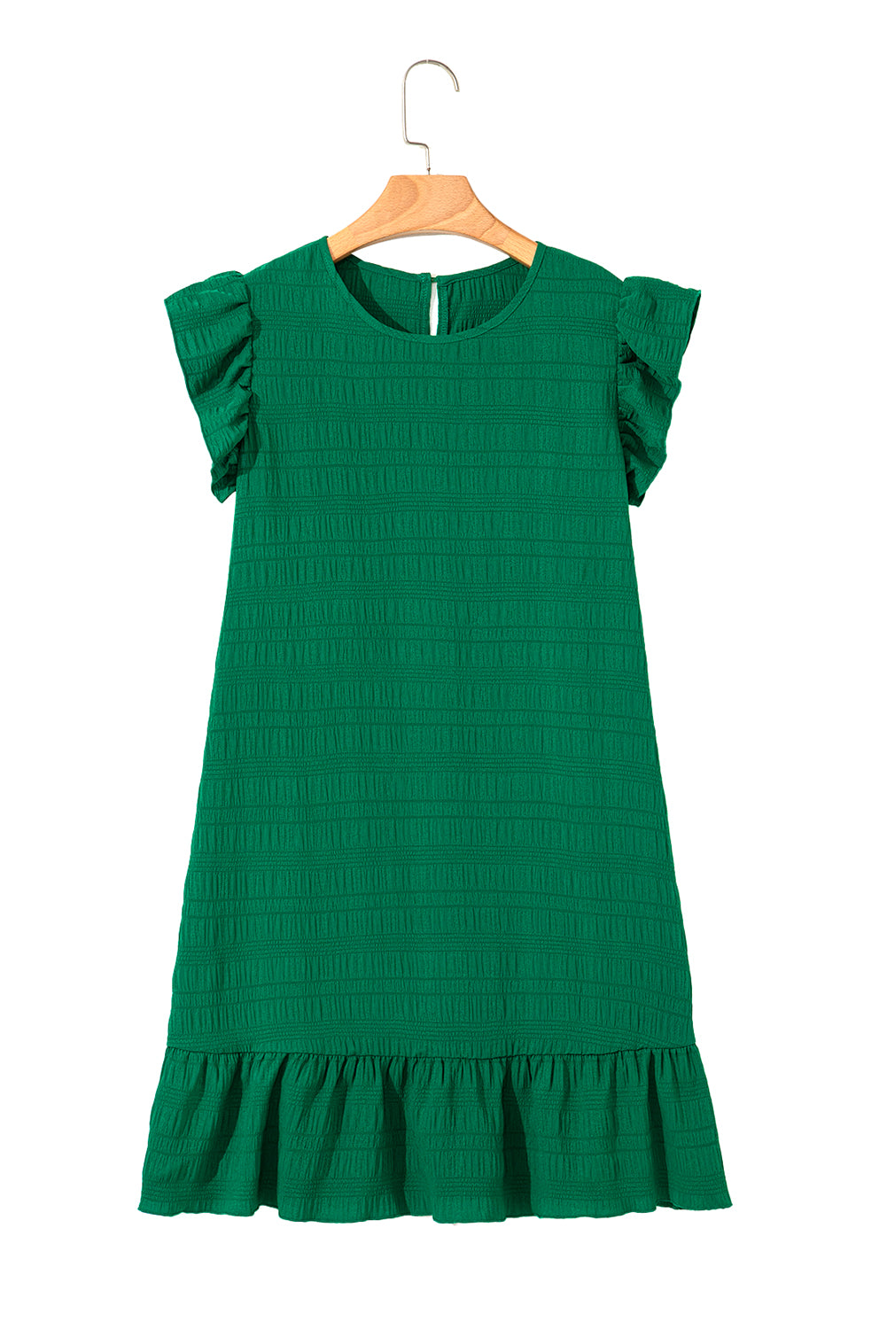 Dark Green Textured Flutter Sleeve Ruffled Mini Dress 🇨🇳