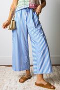 Sky Blue Stripe Drawstring Elastic Waist Patch Pocket Wide Leg Ankle-length Pants 🇺🇸
