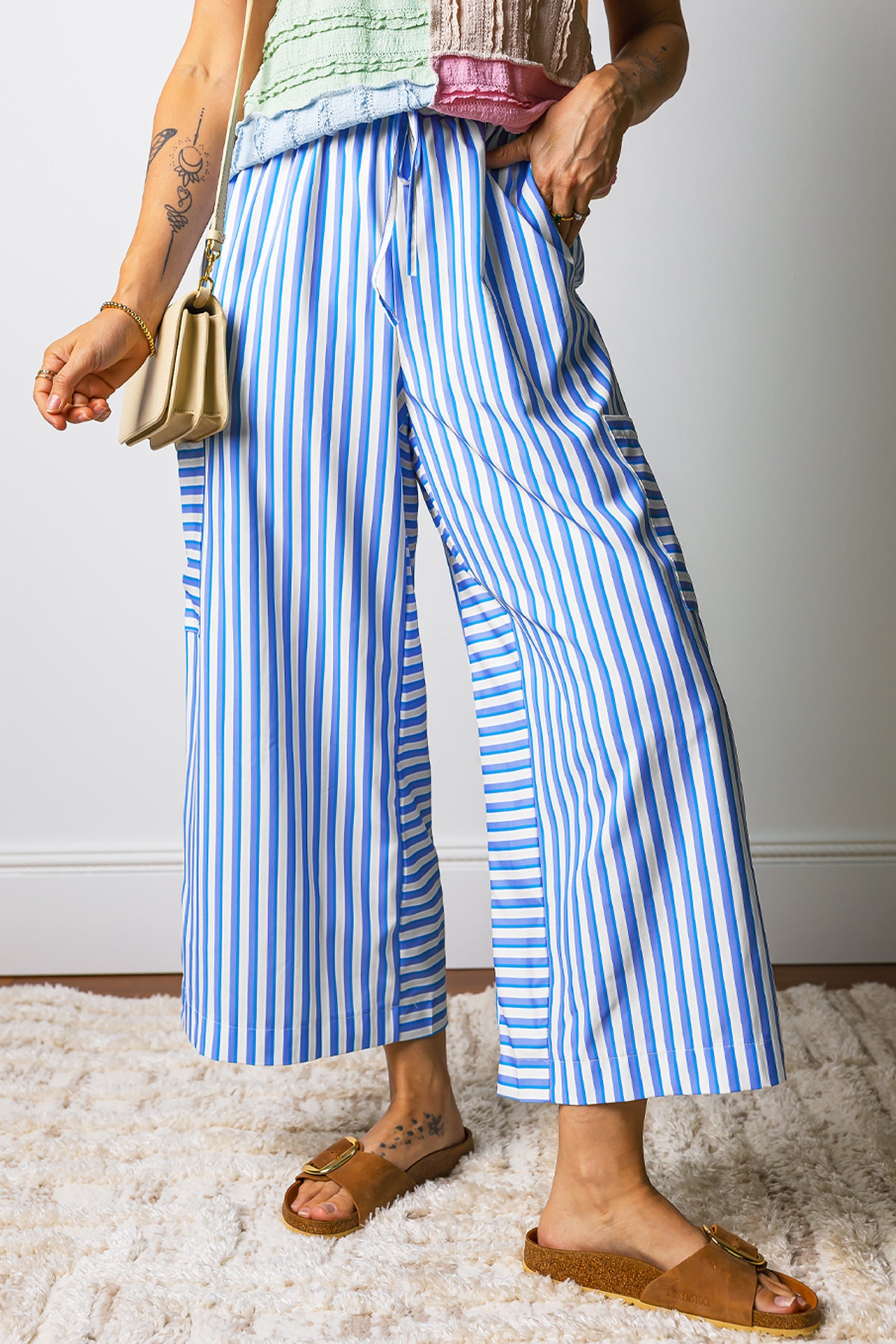 Sky Blue Stripe Drawstring Elastic Waist Patch Pocket Wide Leg Ankle-length Pants 🇺🇸