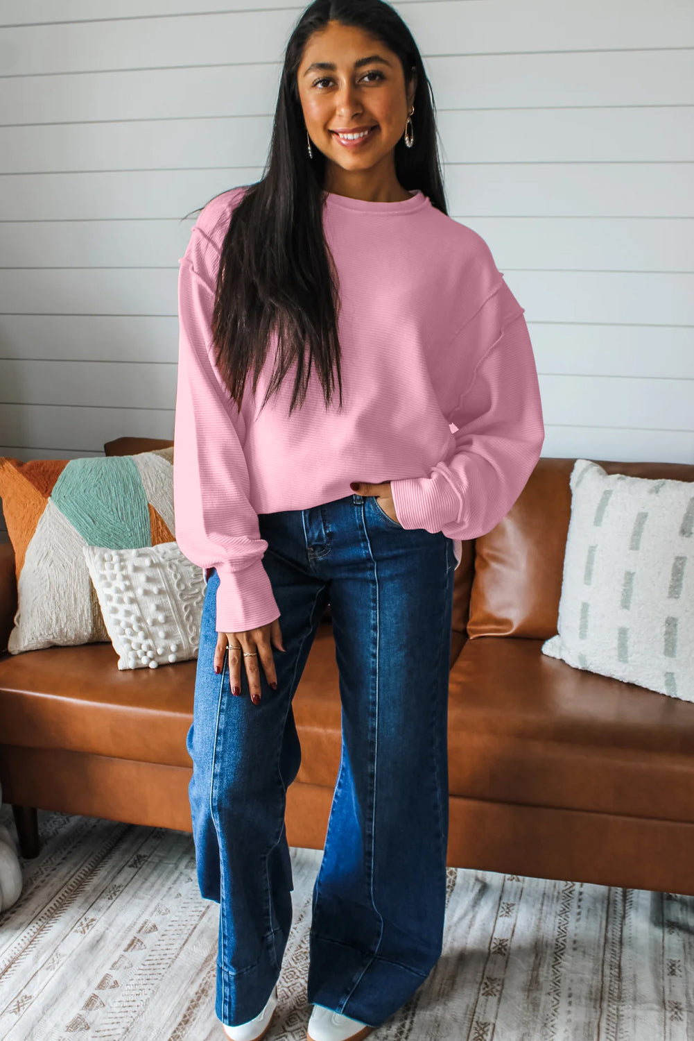 Pink Horizontal Ribbed Exposed Seam Detail Drop Shoulder Baggy Pullover 🇺🇸