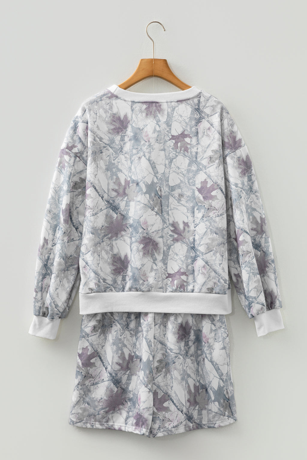 Light Grey Abstract Woodland Camo Print Baggy Pullover Drawstring Shorts Set 🇺🇸