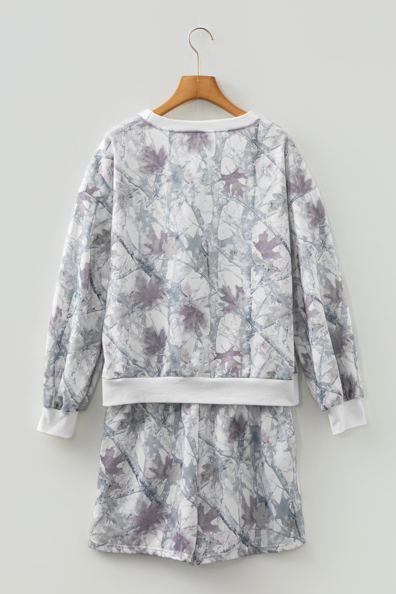 Light Grey Abstract Woodland Camo Print Baggy Pullover Drawstring Shorts Set 🇺🇸