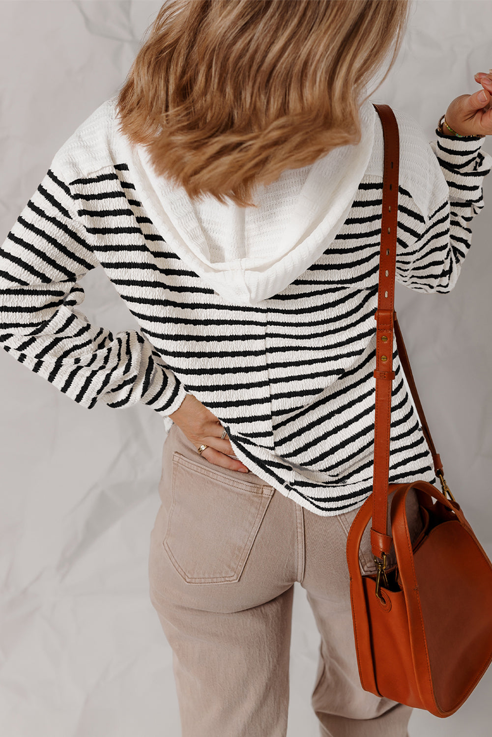 Black Stripe Textured Hooded V Neck Casual Long Sleeve Top 🇺🇸