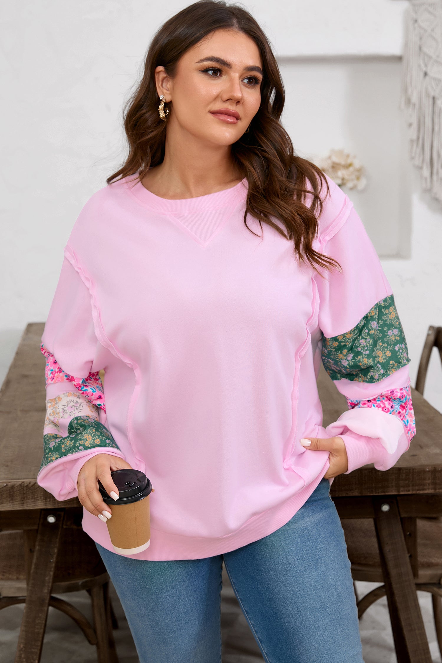 Pink Plus Size Mix Floral Patched Sleeve Ribbed Trim Baggy Sweatshirt 🇺🇸
