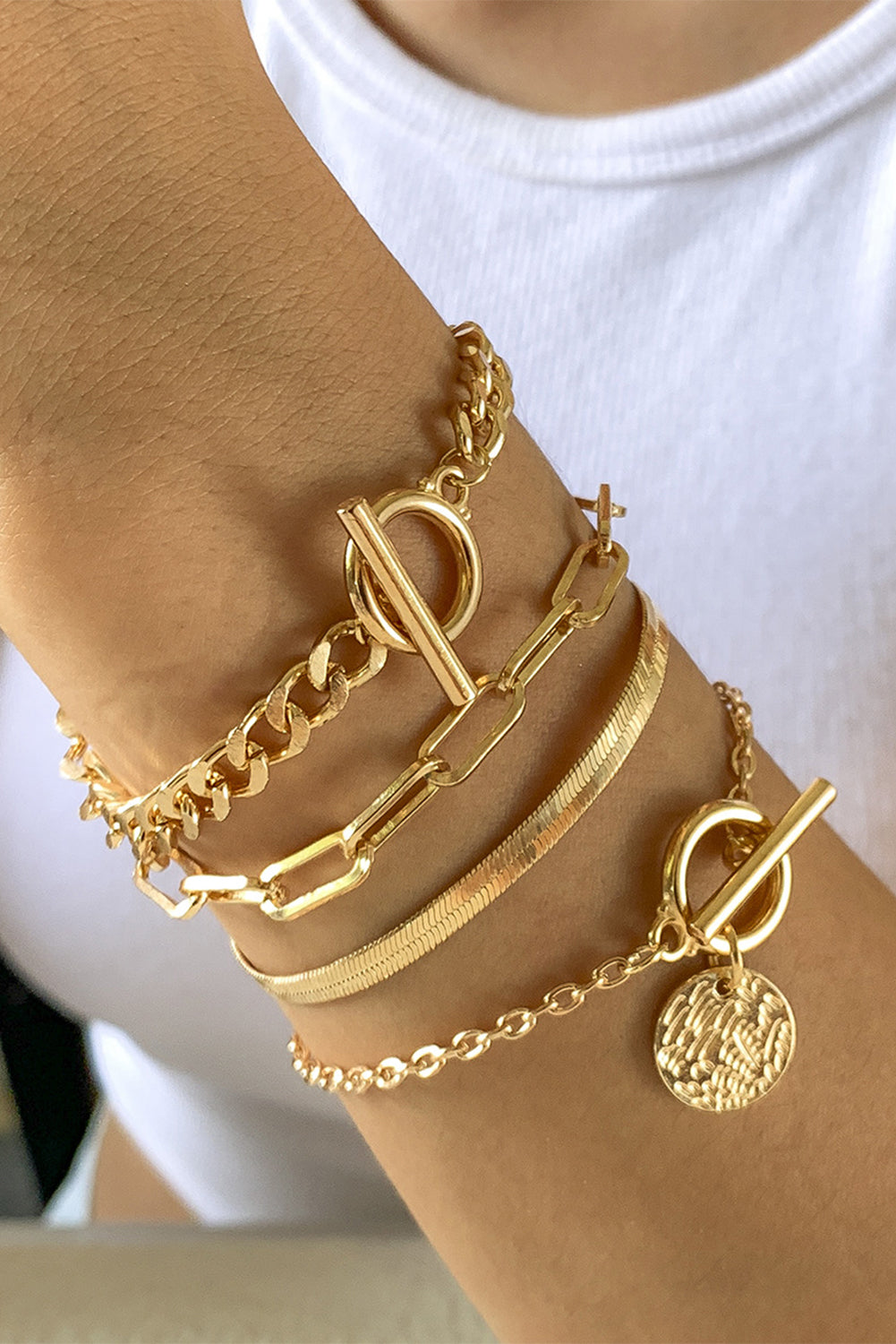 Gold Multi Layered Rhinestone Plated Chain Bracelet Set 🇨🇳