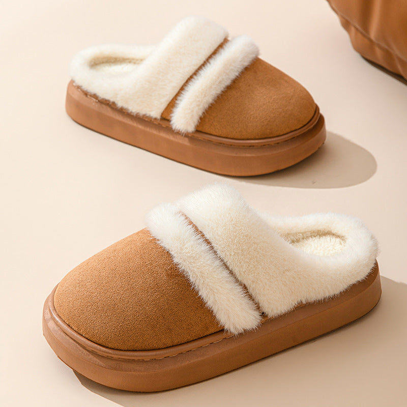 Fashion Warm Cotton Slippers For Women Leisure Thick Bottom Non-slip Plus-velvet House Shoes Winter Bedroom Floor Suede Slipper 🇨🇳