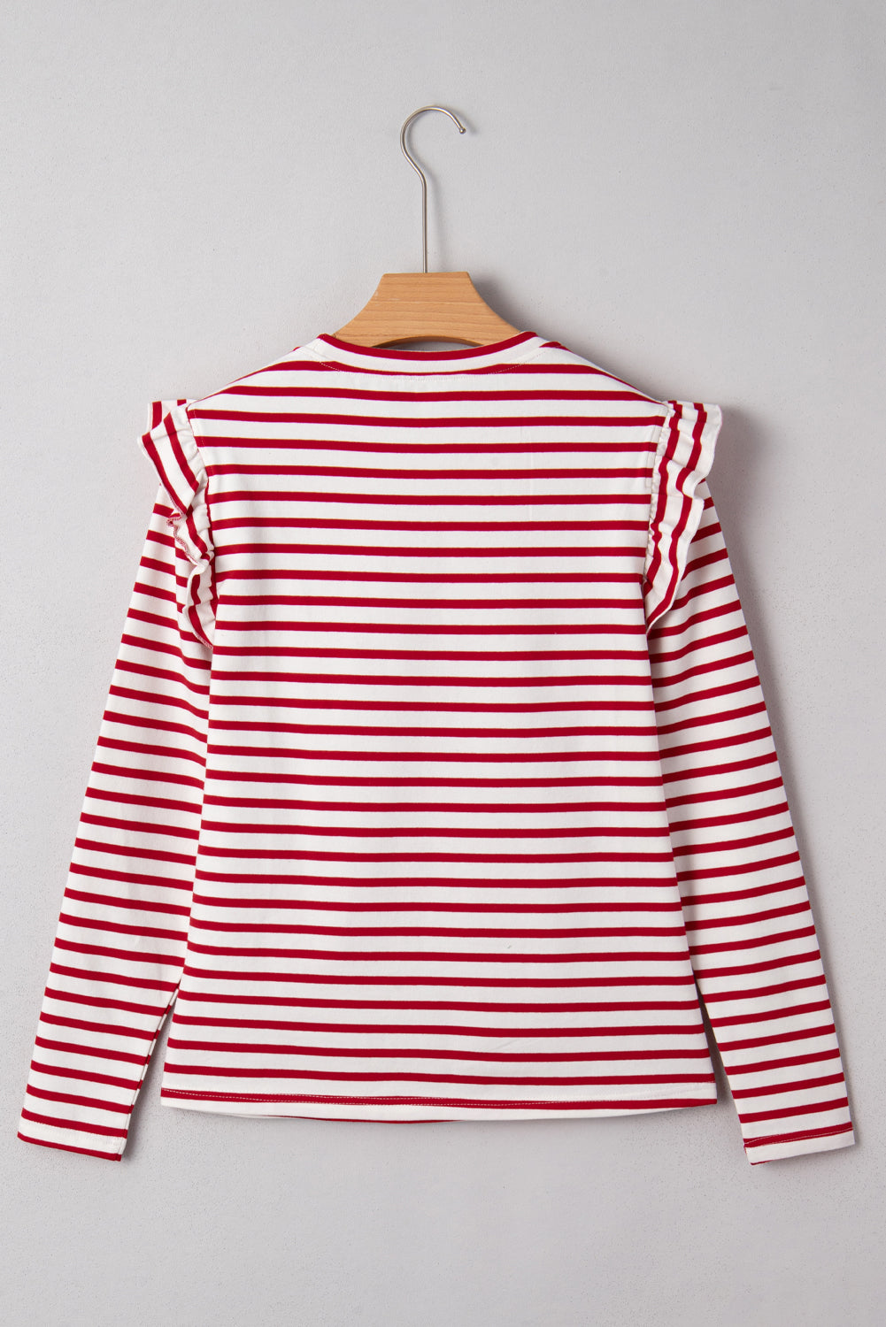 Red Stripe Round Neck Ruffle Trim Long Sleeve Top 🇺🇸