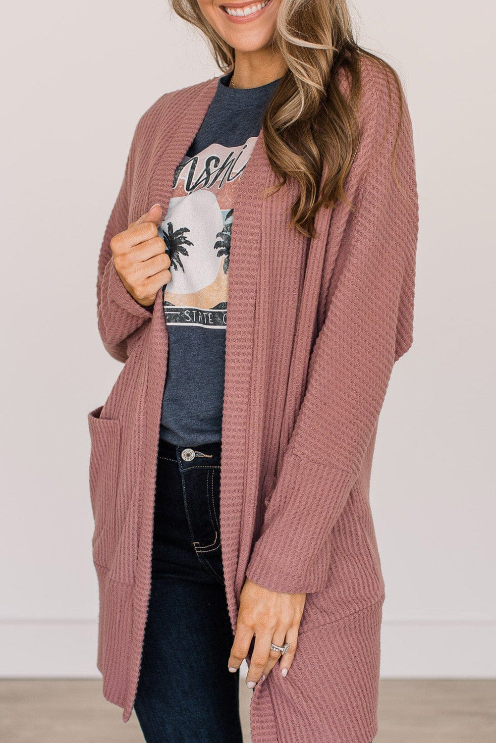 Mineral Red Solid Color Waffle Knit Cardigan with Pocket 🇨🇳