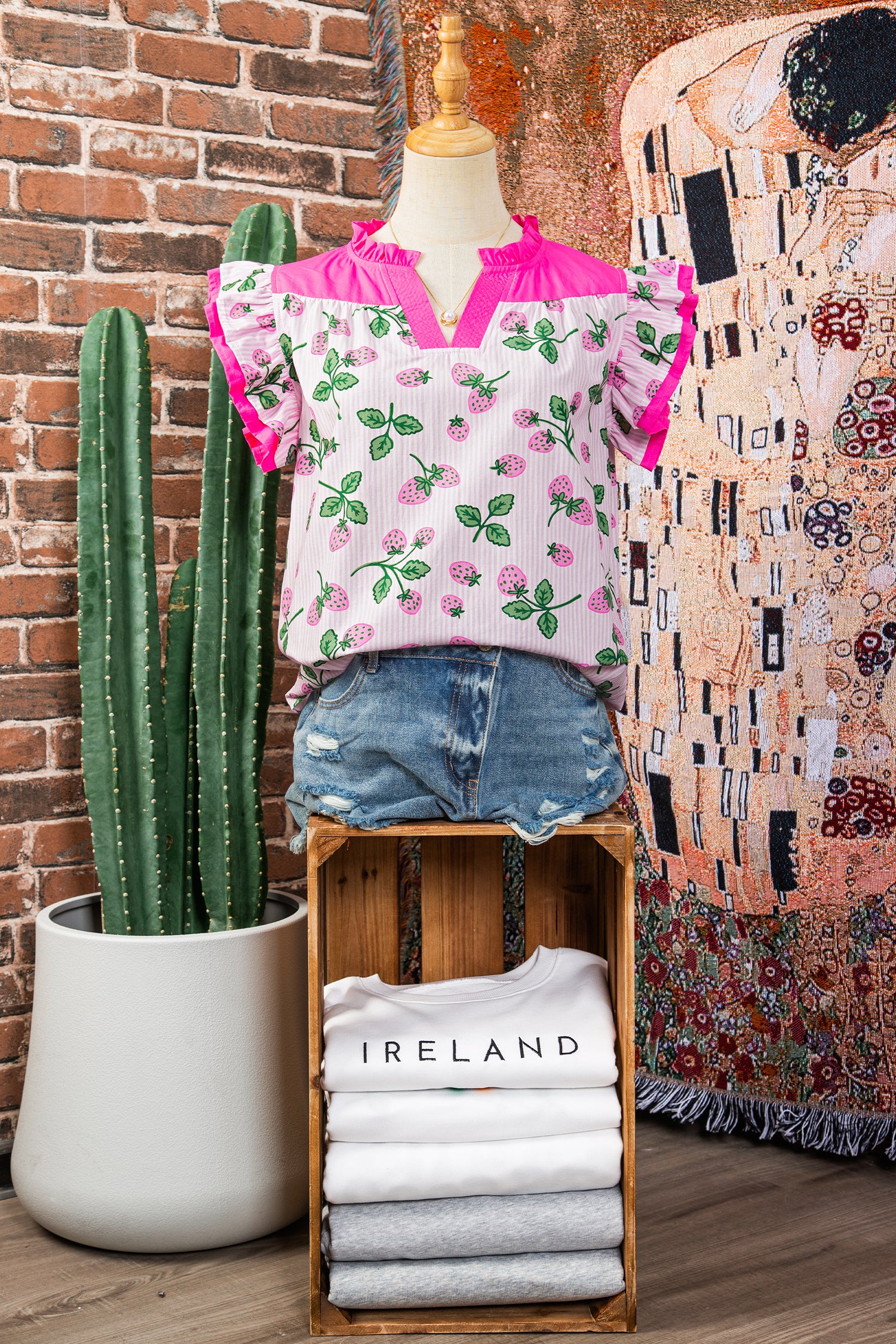 Pink Striped Strawberry Printed Color Block Patchwork V Neck Flutter Sleeve Blouse 🇺🇸