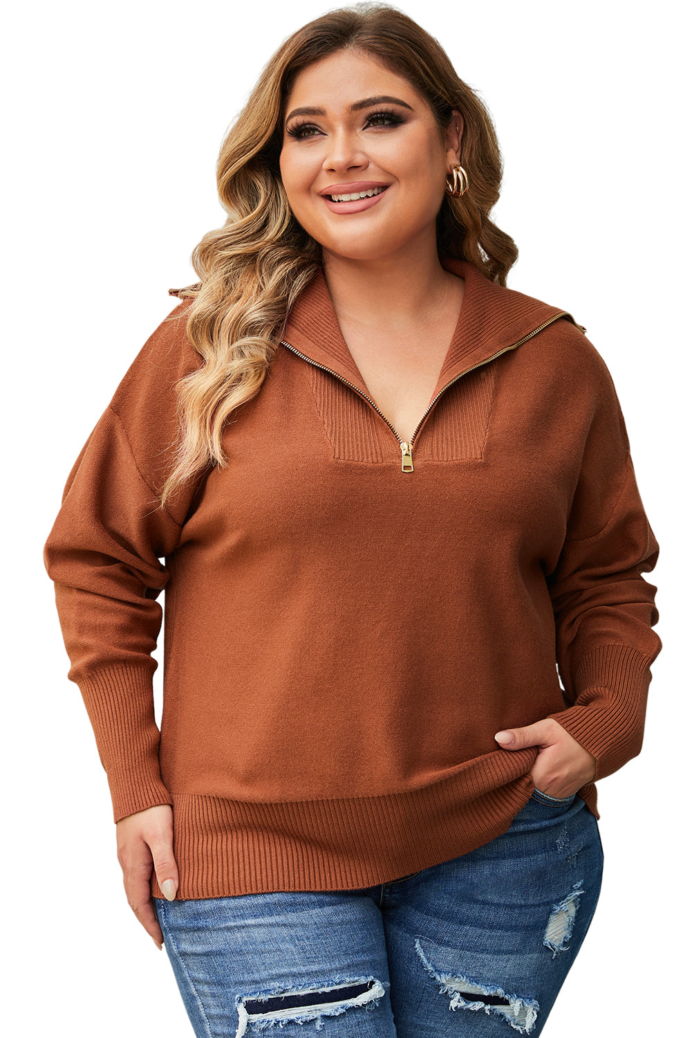 Brown Solid Ribbed Trim Plus Size Zip Collar Sweater 🇺🇸