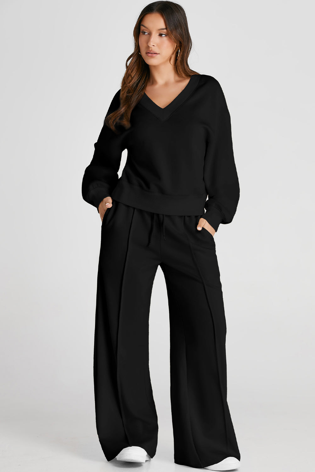 Black V Neck Cropped Seamed High Waist Sports Wear 🇺🇲