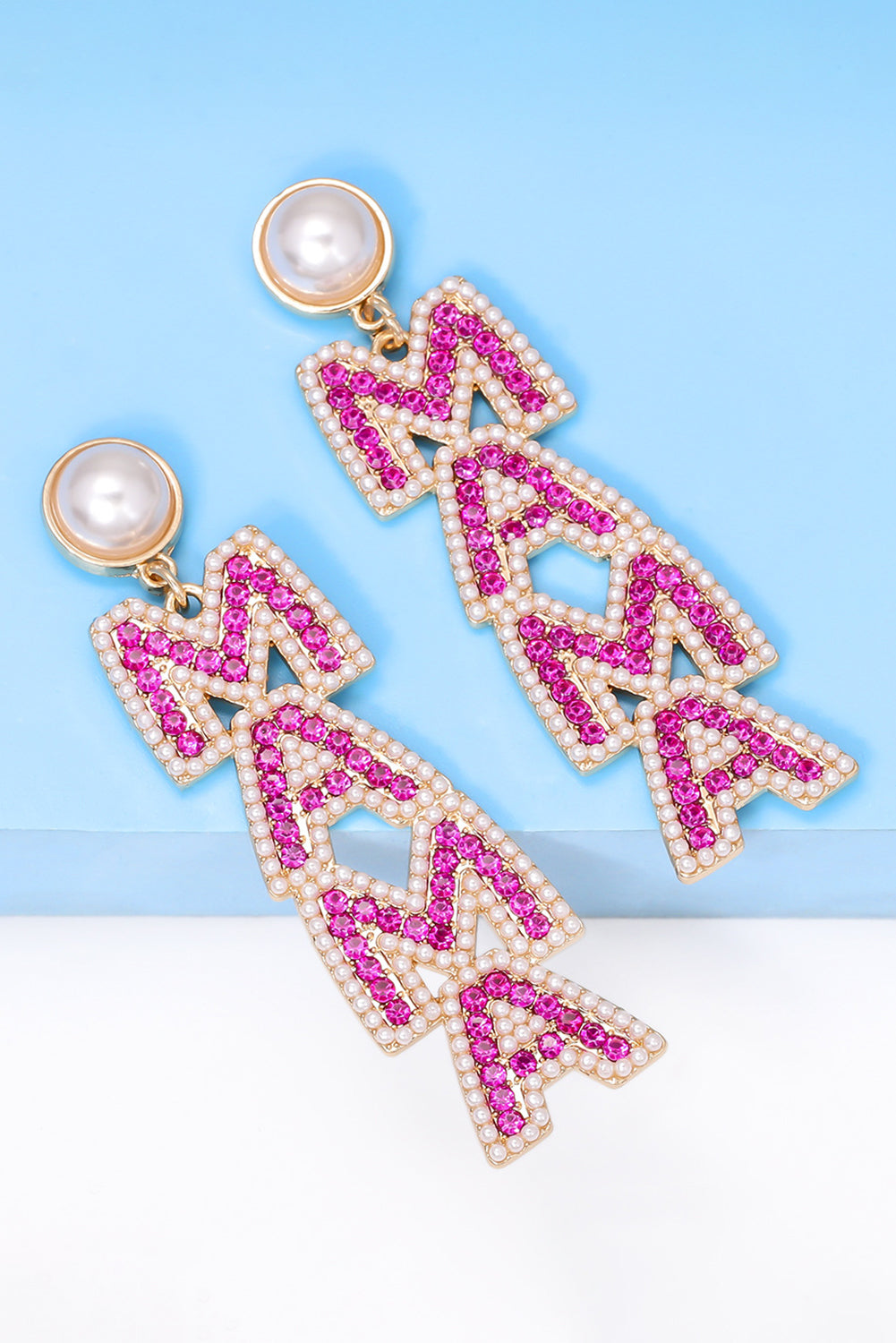 Rose Red MAMA Rhinestone Pearl Dangle Stud Earrings 🇨🇳