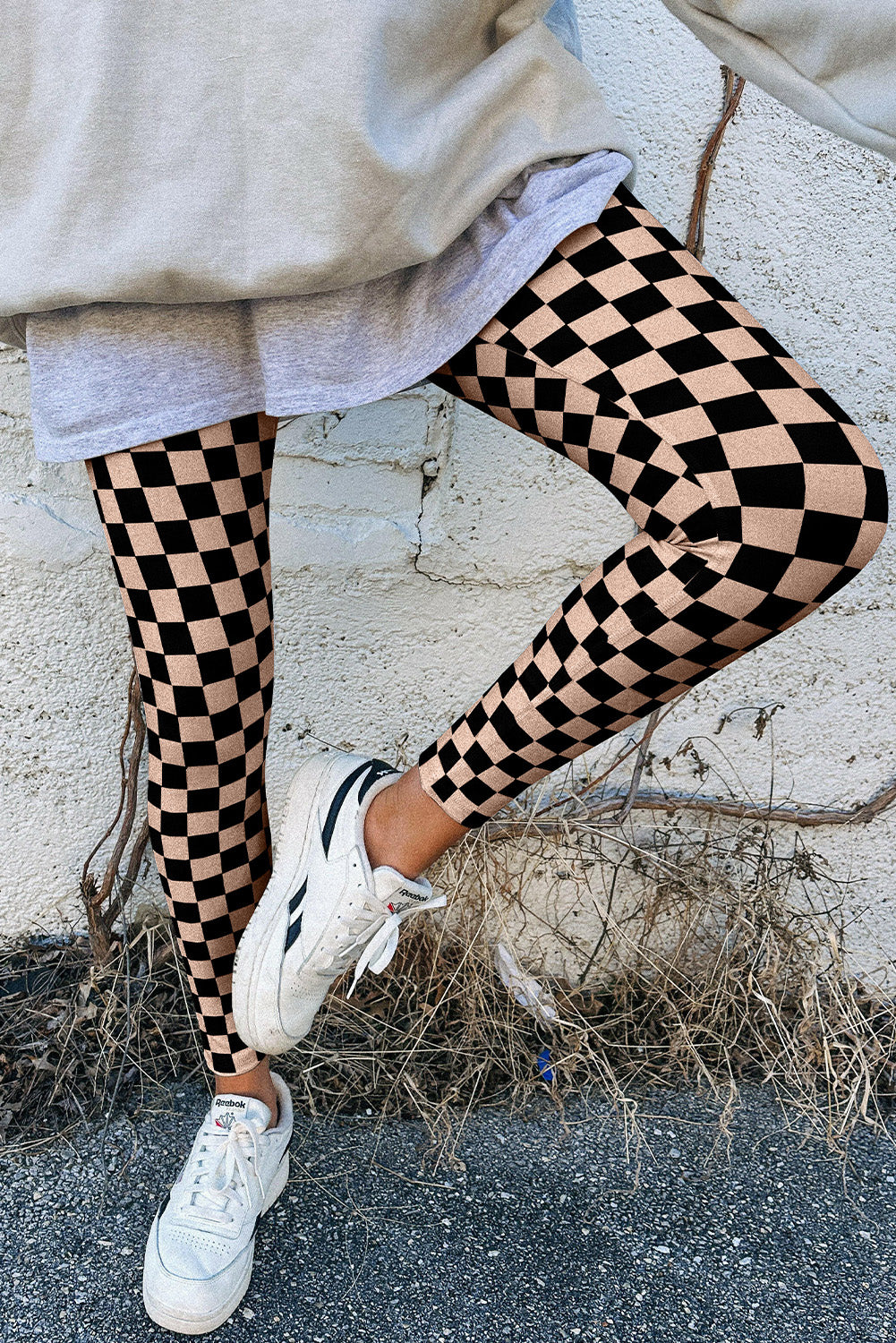 Khaki Checkered Pattern High Waist Skinny Leggings 🇺🇸