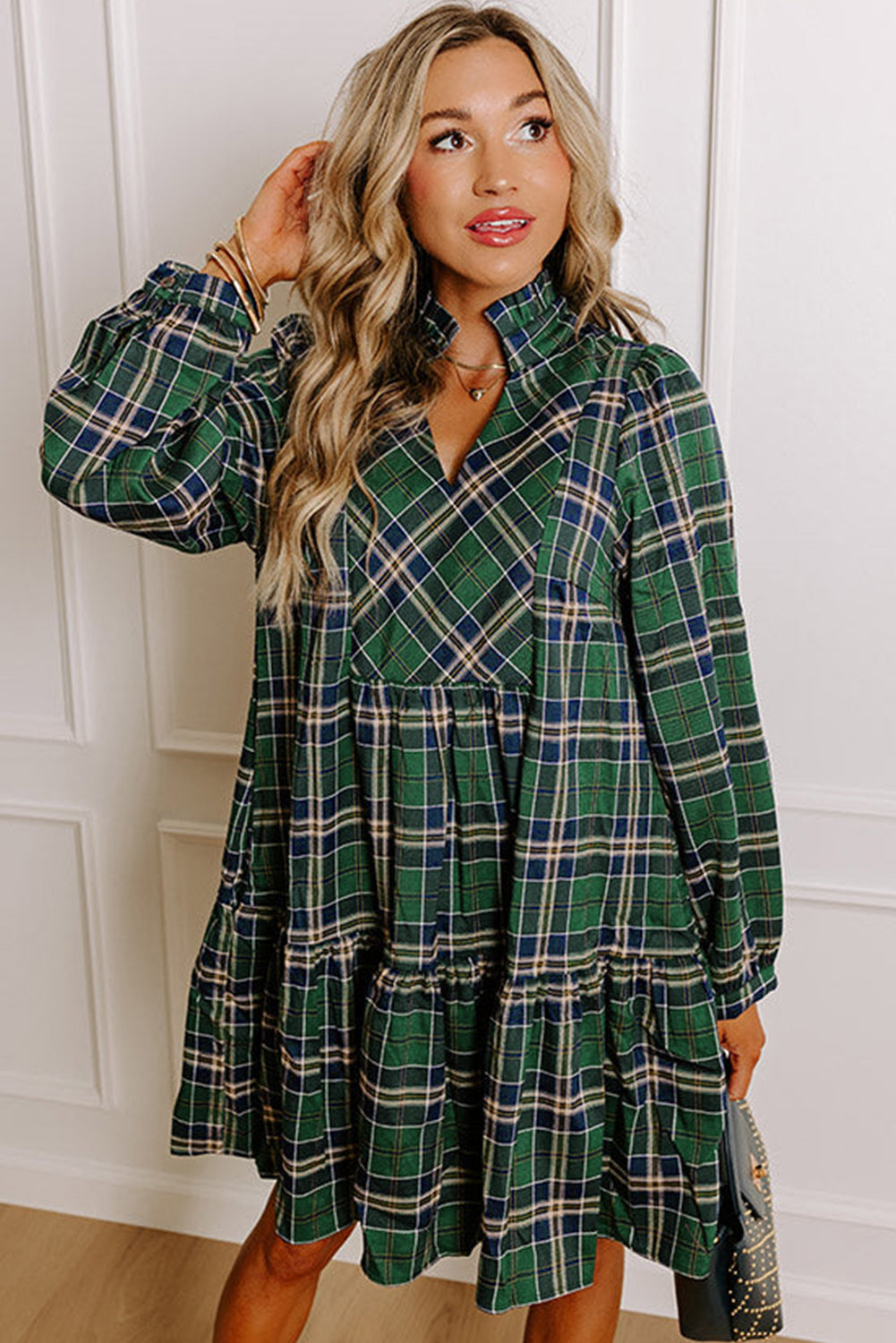 Green Plaid Print Frilly Collar Long Sleeve Shift Mini Dress 🇺🇸