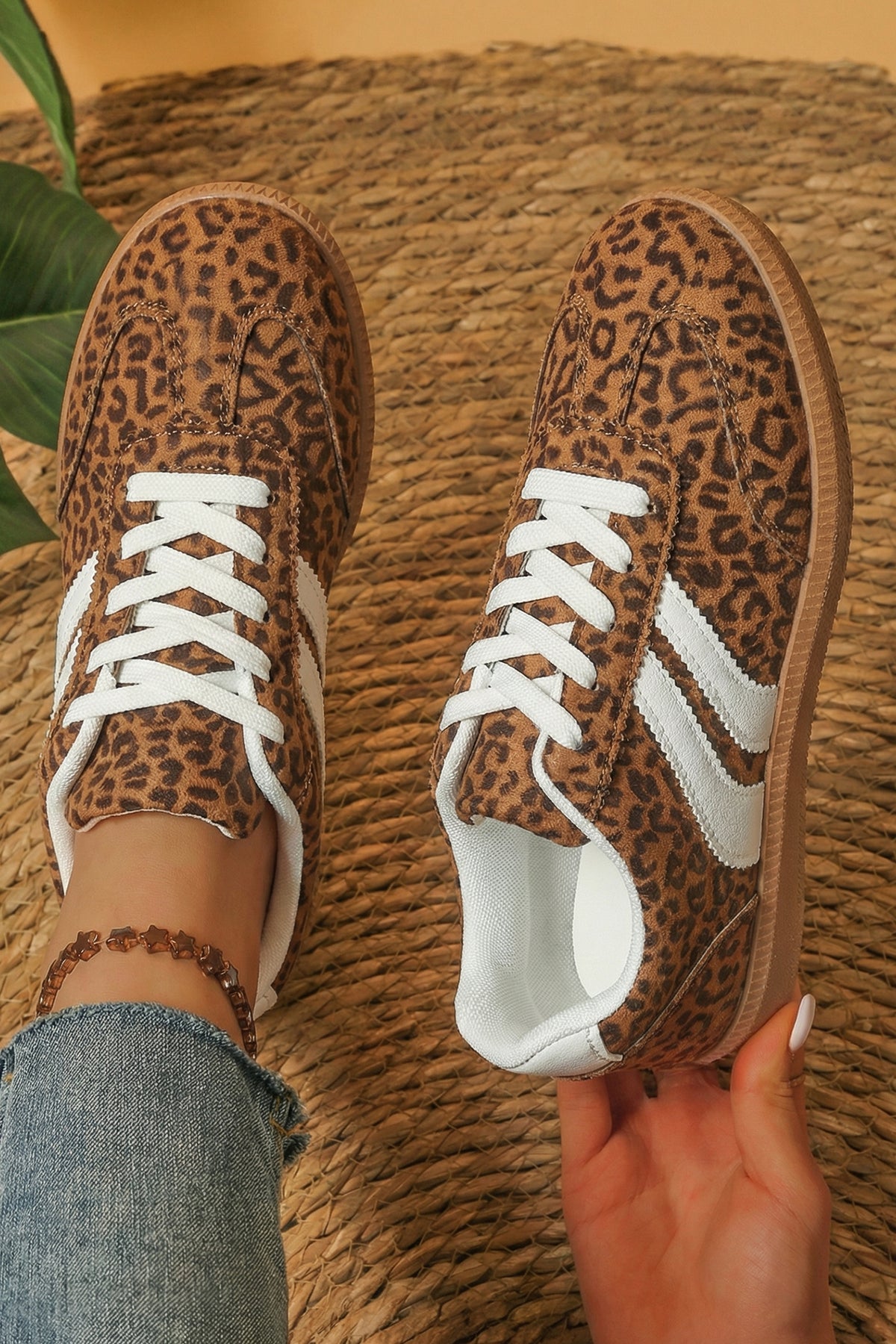 Coffee PU Leather Detail Shimmer Leopard Printed Lace-up Sneakers 🇺🇸