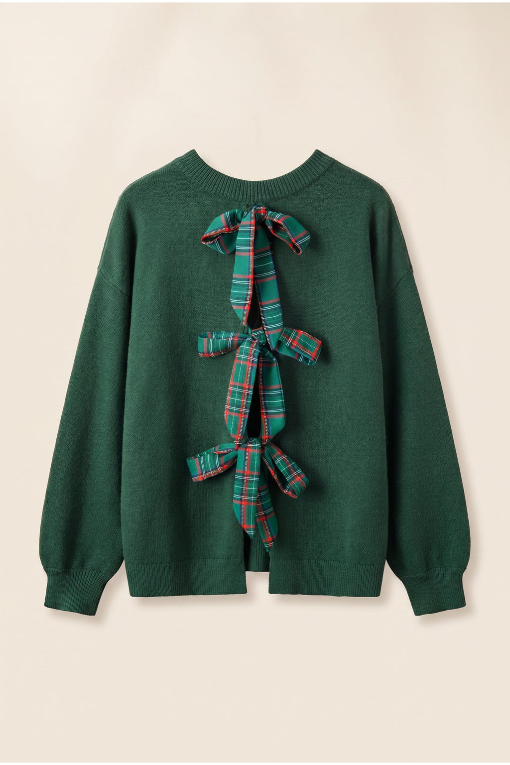 Blackish Green Plaid Bow Detail Drop Shoulder Christmas Sweater 🇺🇸