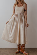 Beige Scoop Neck Ribbed Bodice Pleated Sleeveless Long Dress 🇨🇳
