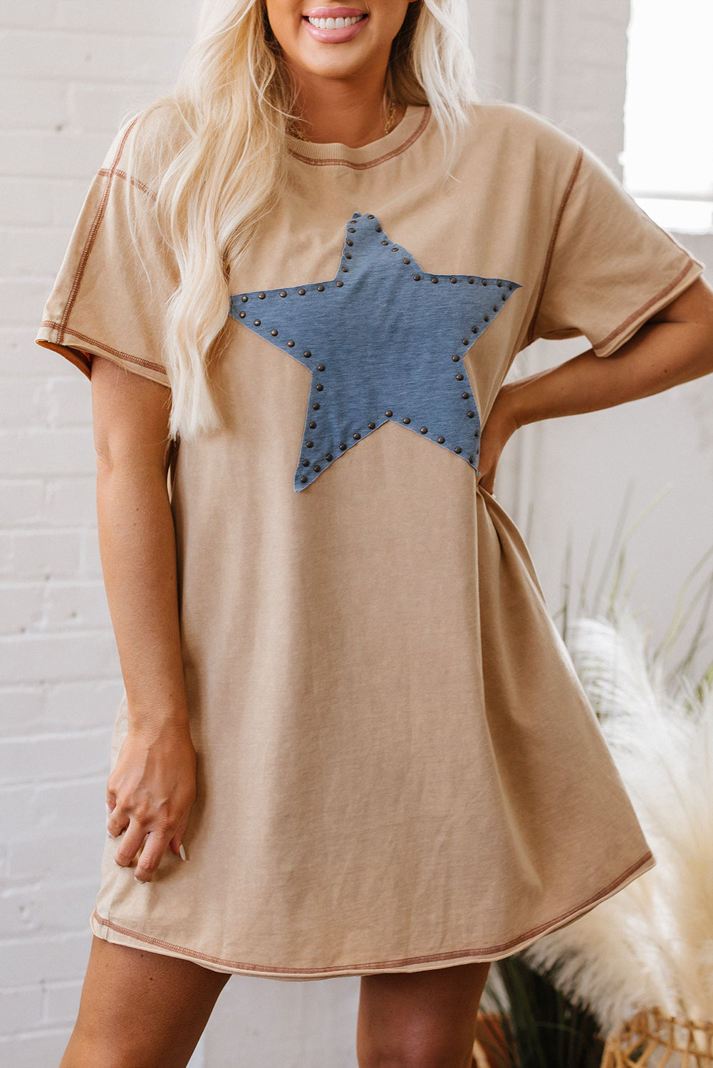 Pale Khaki Mineral Wash Stud Beaded Star Graphic Pocketed T Shirt Dress 🇨🇳
