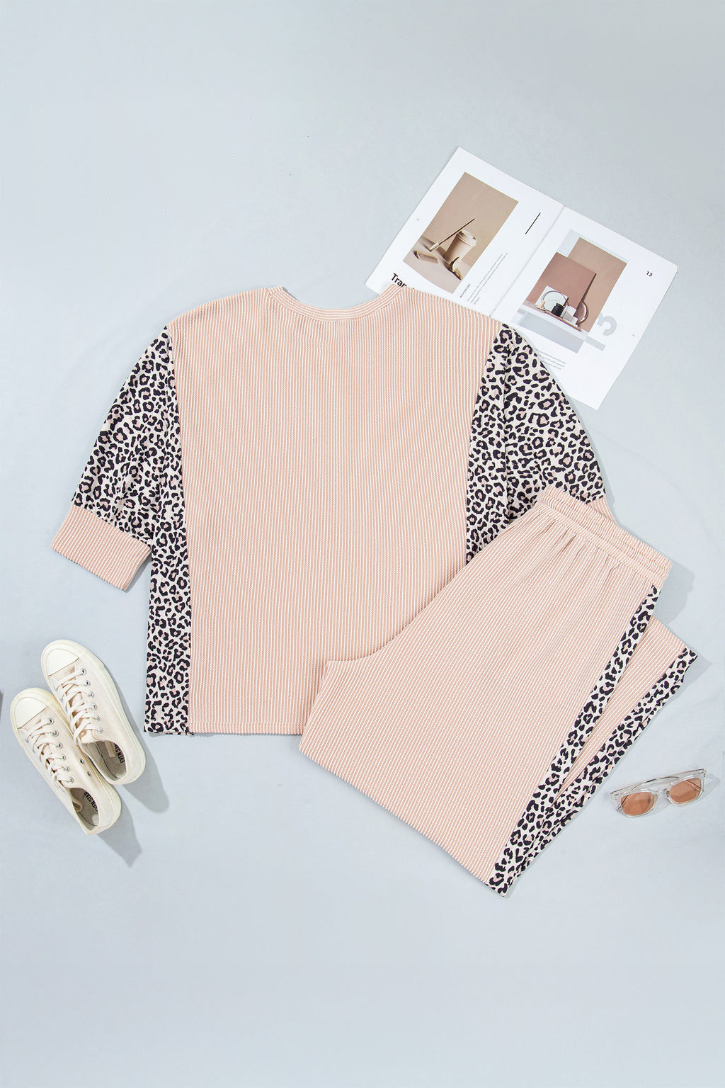 Light French Beige Leopard Print Ribbed Twist Long Sleeve Top Pants Plus Size Set 🇺🇸
