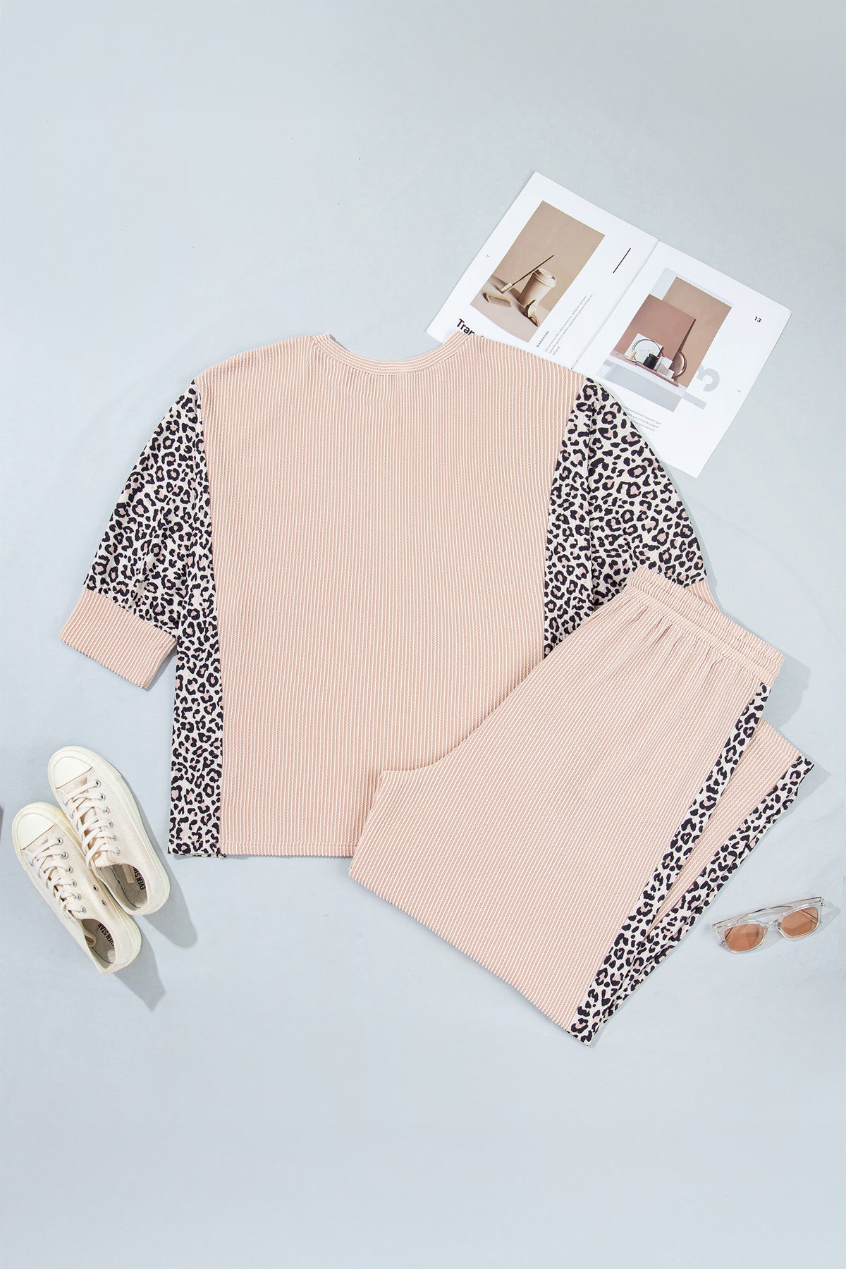 Light French Beige Leopard Print Ribbed Twist Long Sleeve Top Pants Plus Size Set 🇺🇸