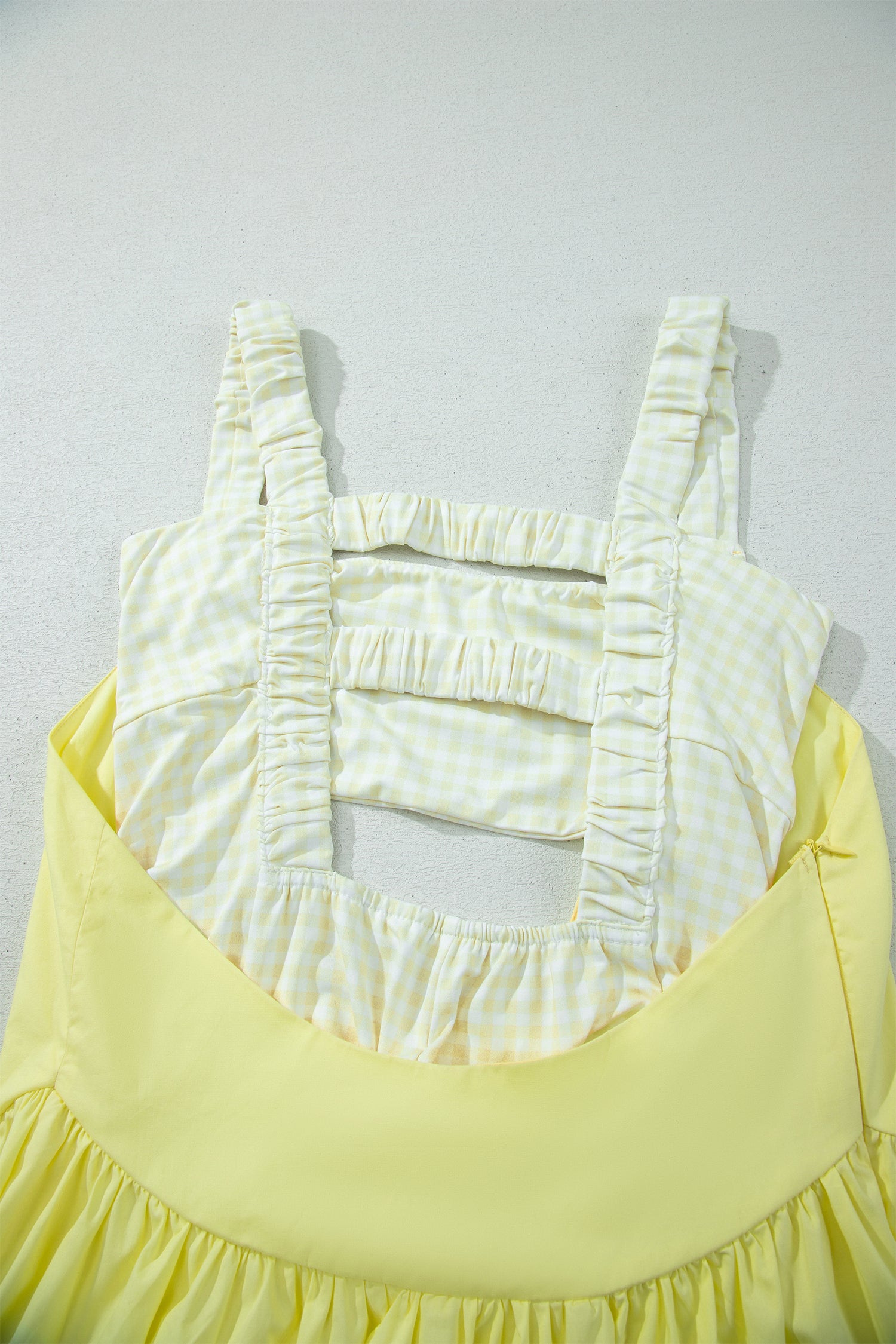 Yellow Cream Faux Two Piece Gingham Contrast Patchwork Loose Mini Dress 🇺🇸