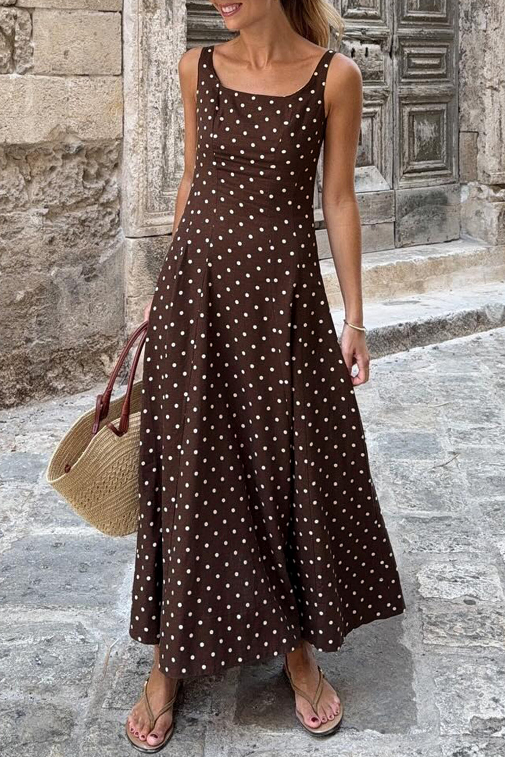 Brown Polka Dot Print Square Neck Sleeveless Vacation Long Dress 🇺🇸