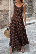 Brown Polka Dot Print Square Neck Sleeveless Vacation Long Dress 🇺🇸