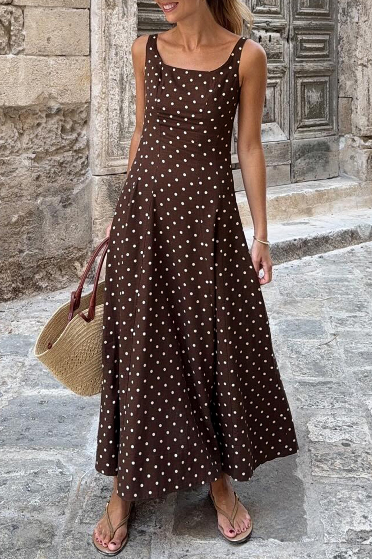 Brown Polka Dot Print Square Neck Sleeveless Vacation Long Dress 🇺🇸