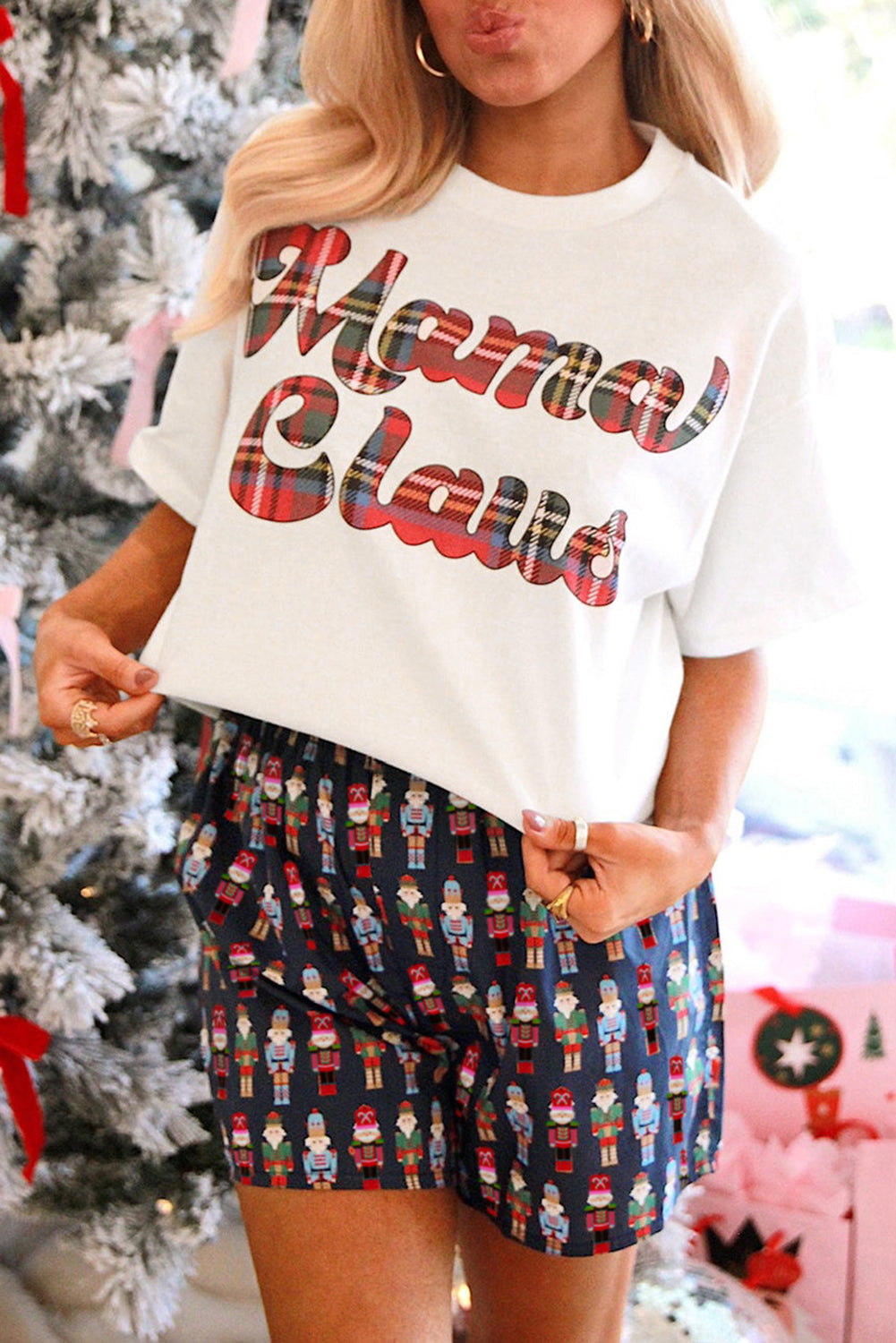 Pink Mama Claus Plaid Letter Tee Nutcracker Shorts 2pcs Lounge Set 🇺🇸