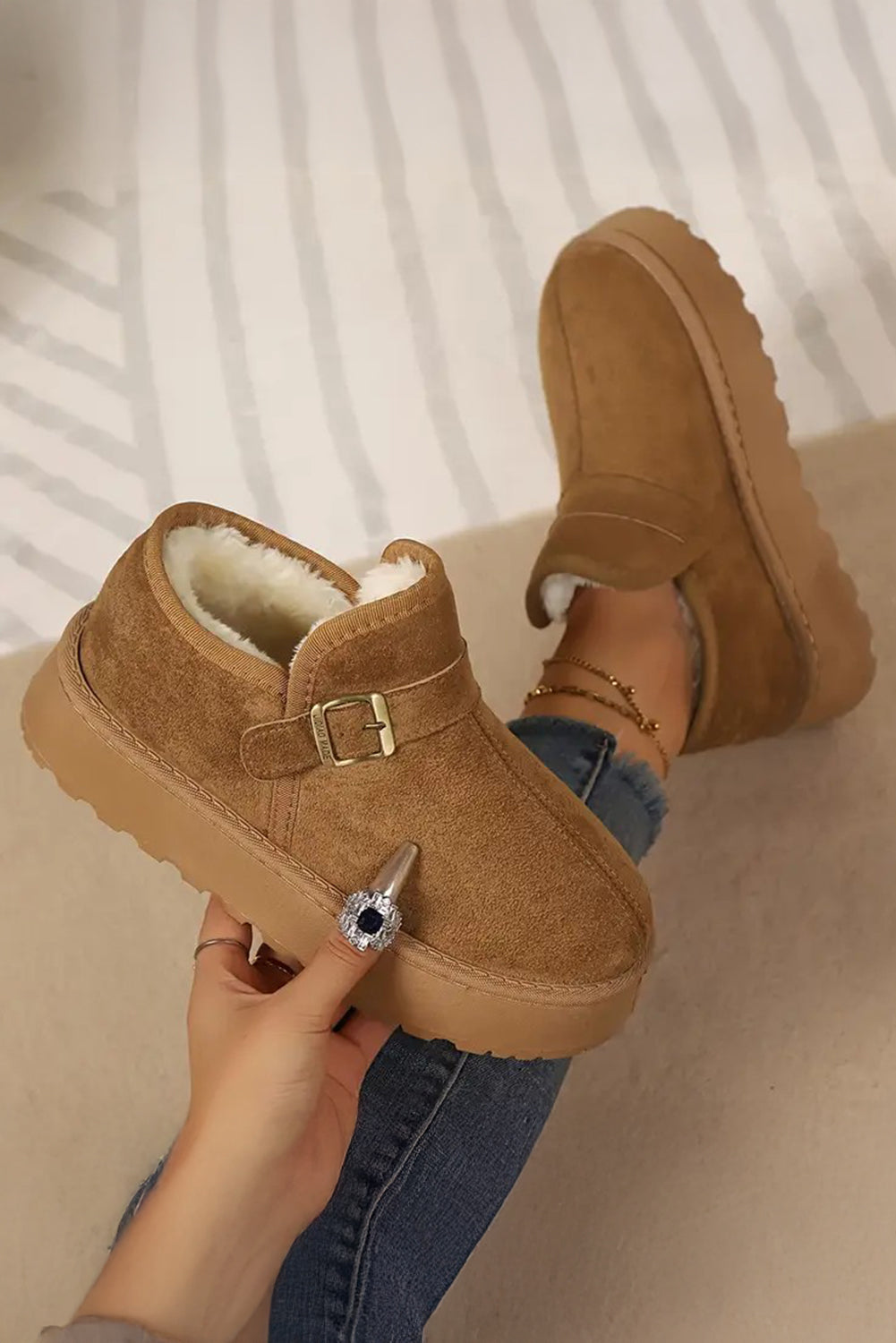 Coffee Buckle Detail Round Toe Platform Cozy Winter Boots 🇺🇸