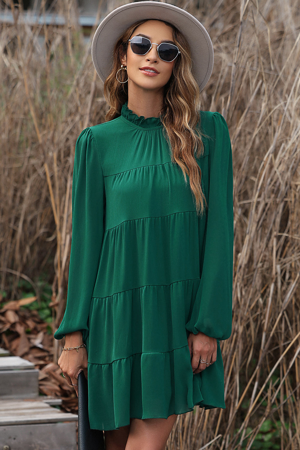 Green Puff Sleeve Mock Neck Back Knot Tiered Dress 🇺🇸
