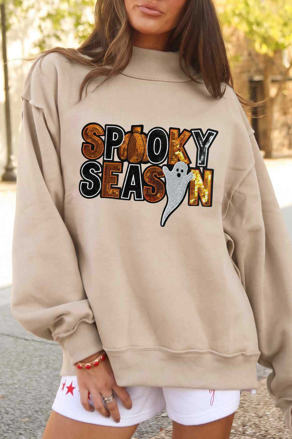 Apricot Sequin Spooky Season Graphic Mock Neck Halloween Sweatshirt 🇺🇸