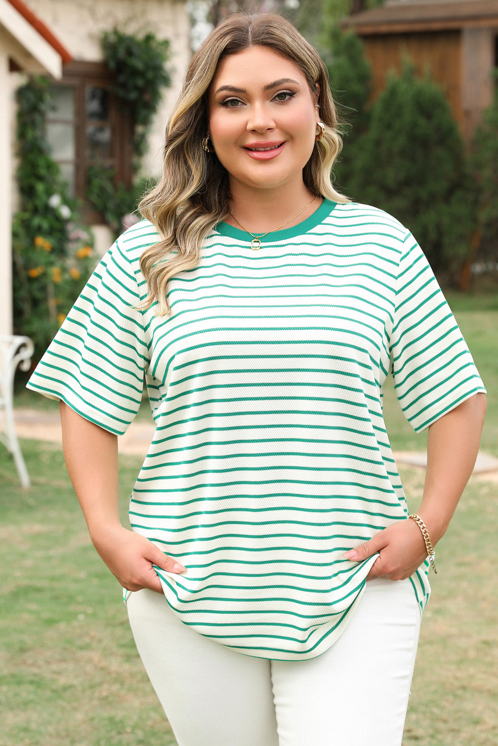 Green Stripe Plus Size Round Neck T Shirt 🇨🇳