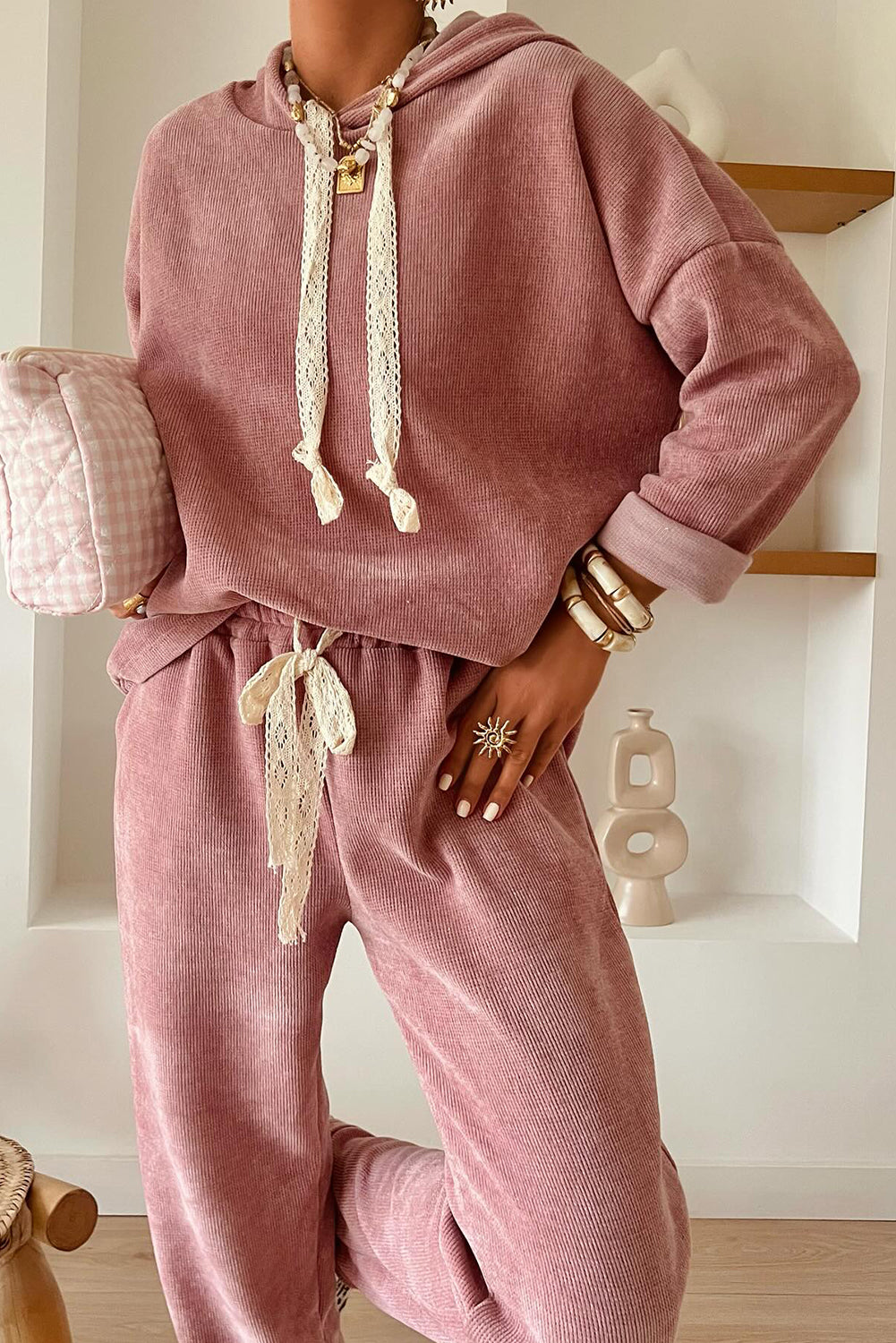Rose Tan Lace Drawstring Pullover Hoodie and High Waist Pants Corduroy Suit 🇺🇸
