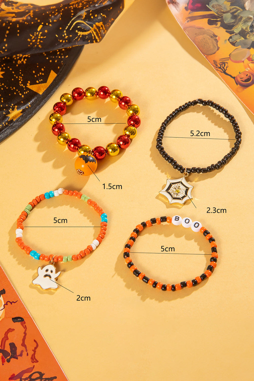 Orange 4pcs Halloween Ghost Spider Web Beaded Bracelet Set 🇺🇸