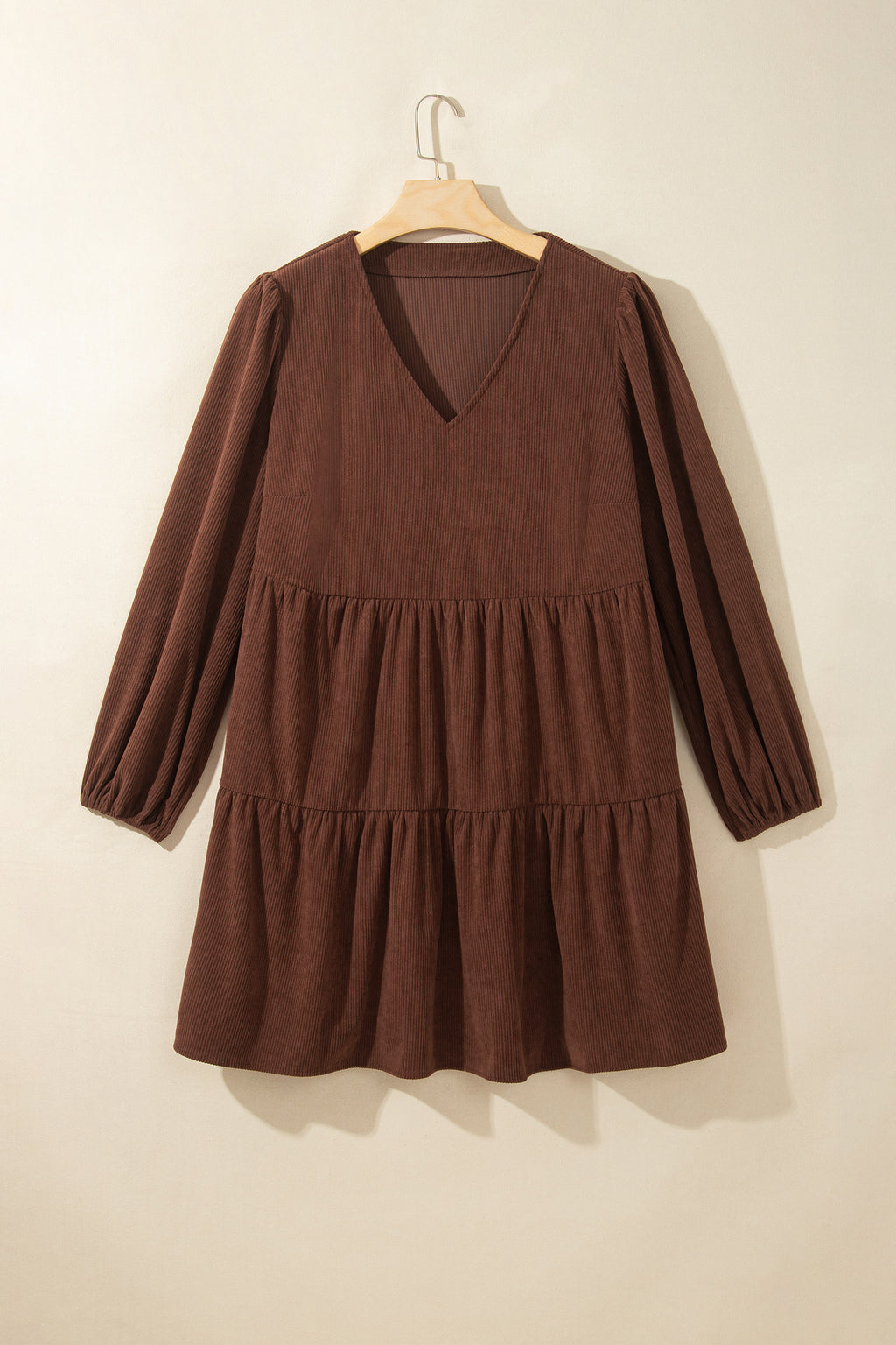 Coffee Winter Corduroy V Neck Long Sleeve Plus Size Mini Dress 🇺🇸