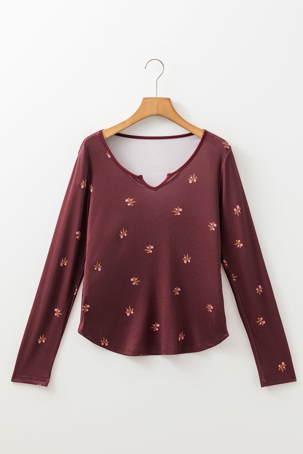 Burgundy Notched Neck Floral Print Ribbed Long Sleeve Top 🇺🇲