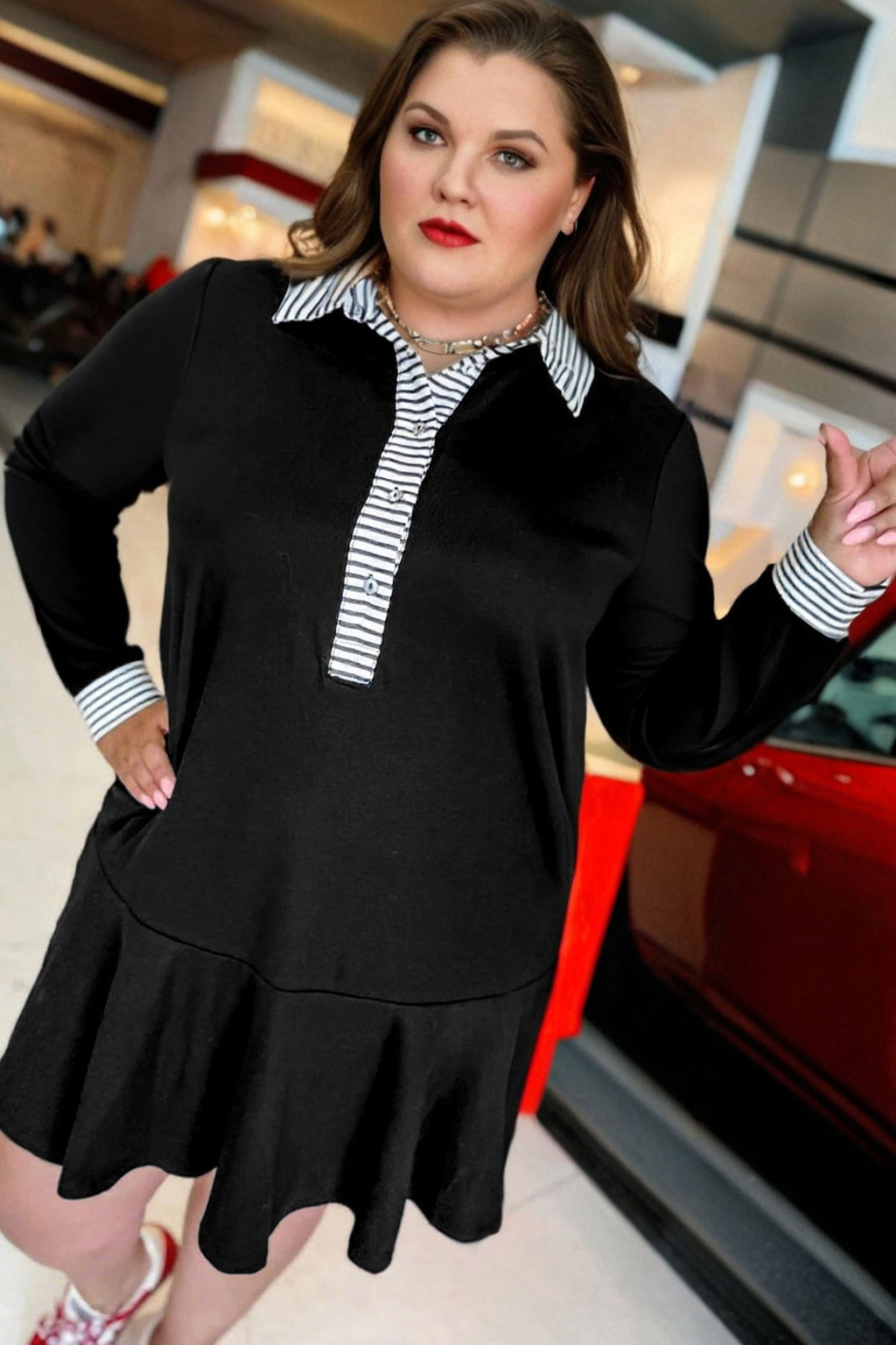 Black Plus Size Striped Cuffs Polo Collar Patchwork Long Sleeve Ruffle Hem Dress 🇺🇸