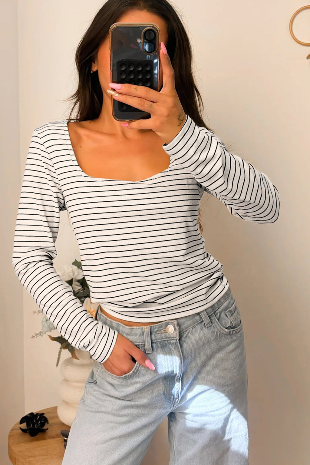 White Stripe Square Neck Long Sleeve Top 🇺🇸