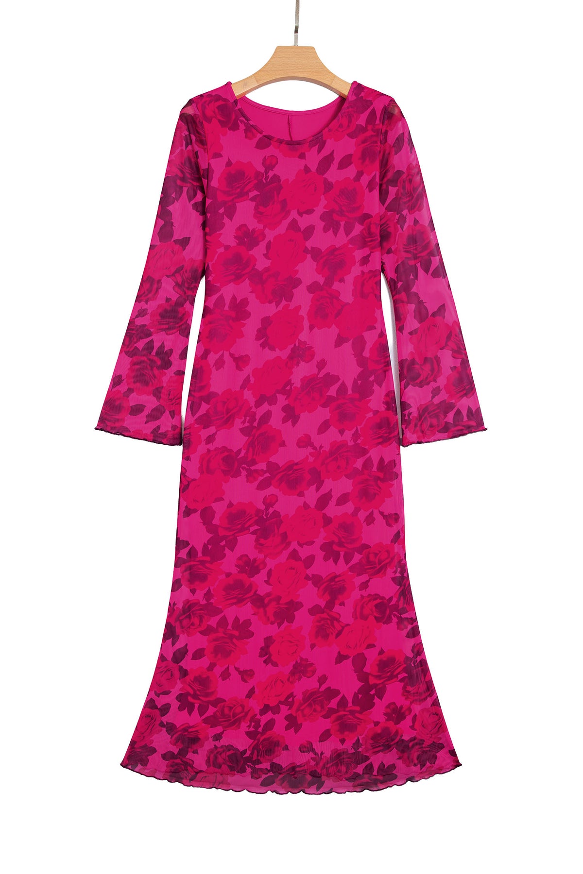 Red Floral Print Cuff Hem Serging Long Sleeve Sheath Dress 🇺🇸