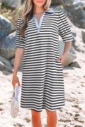 Black Stripe Contrast V Neck Collared Puff Sleeve T Shirt Mini Dress with Pockets 🇨🇳
