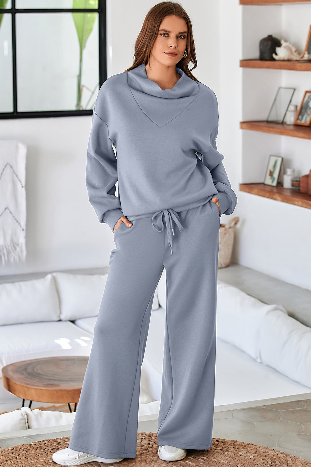 Dusk Blue Solid Color Cowl Neck Drawstring Pullover Wide Leg Athleisure Pants Set 🇺🇸