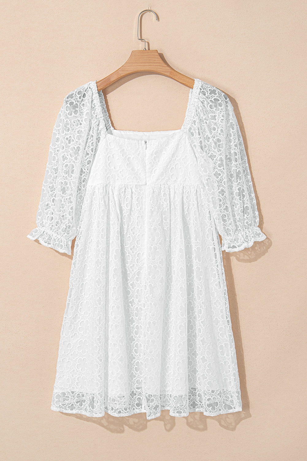 White Floral Lace Puff Sleeve Empire Waist Mini Dress 🇨🇳