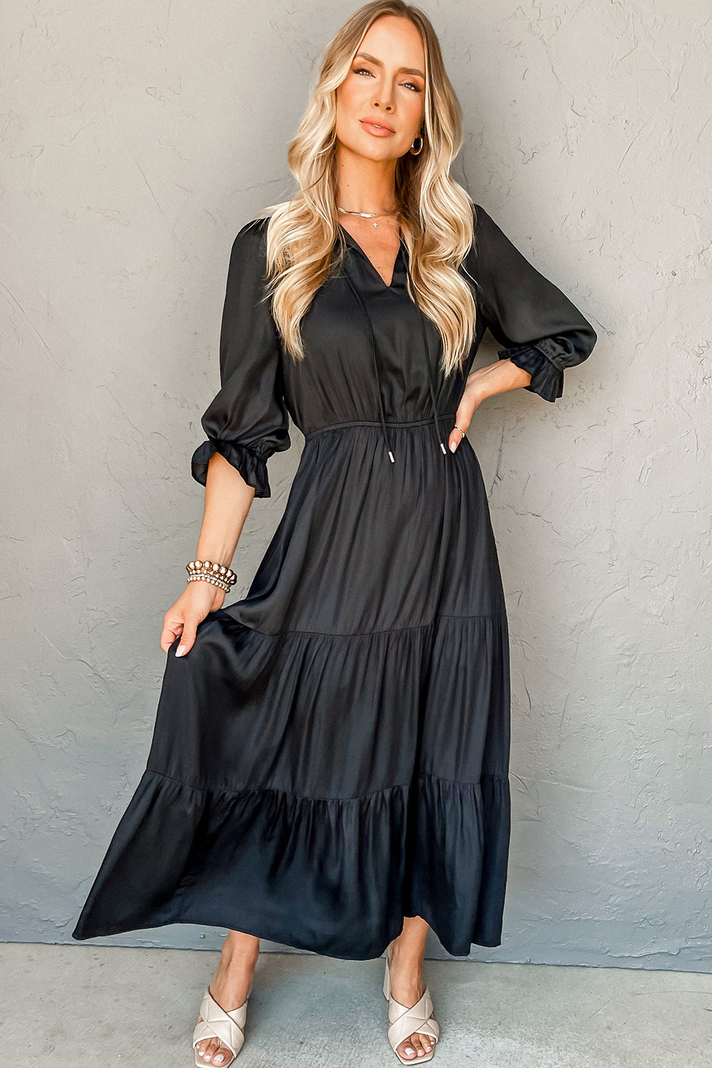 Black Flounced Bracelet Sleeve V Neck Tiered Maxi Dress 🇺🇸