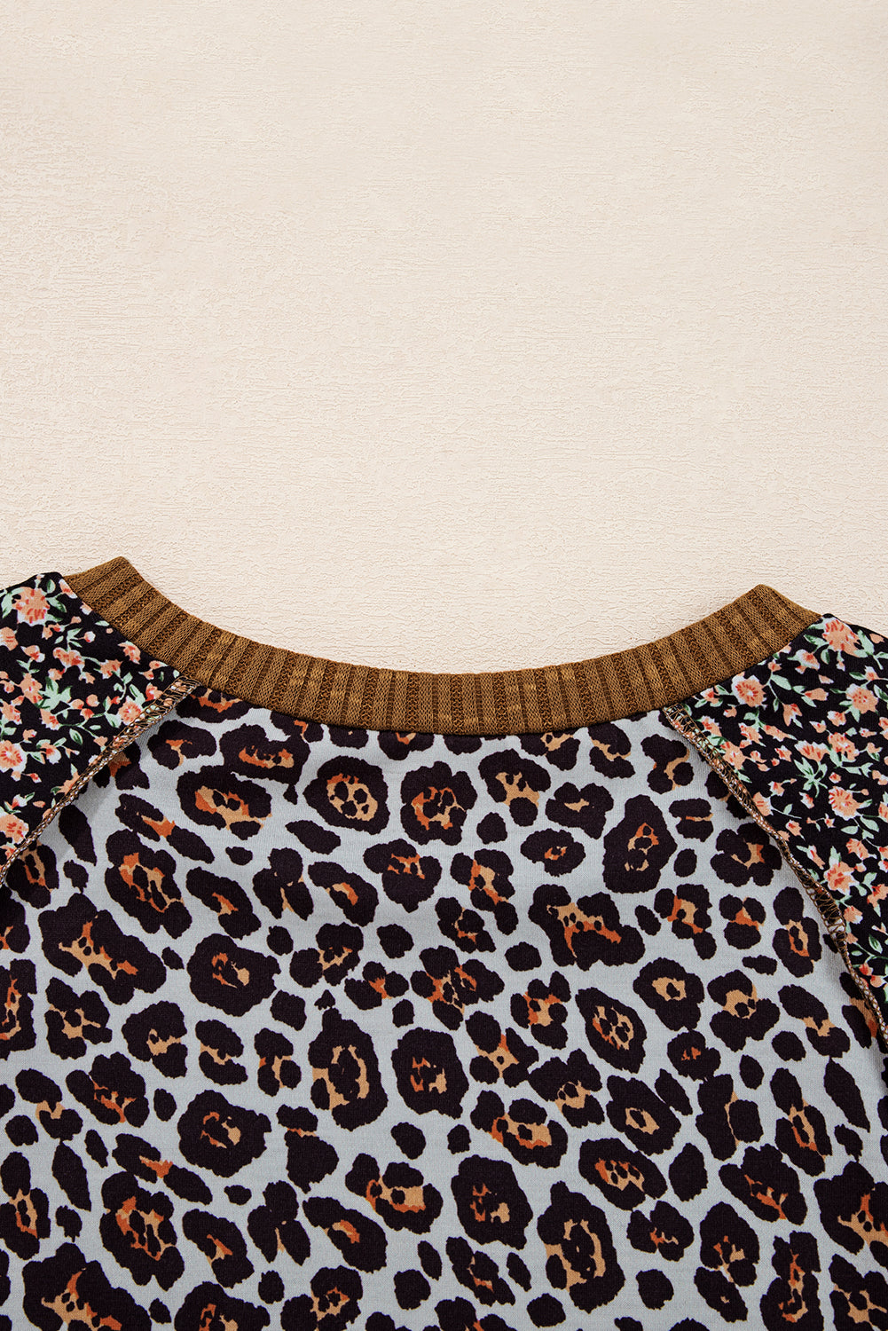 Brown Leopard Floral Print Ribbed Puff Sleeve Patchwork Loose Pullover 🇺🇸