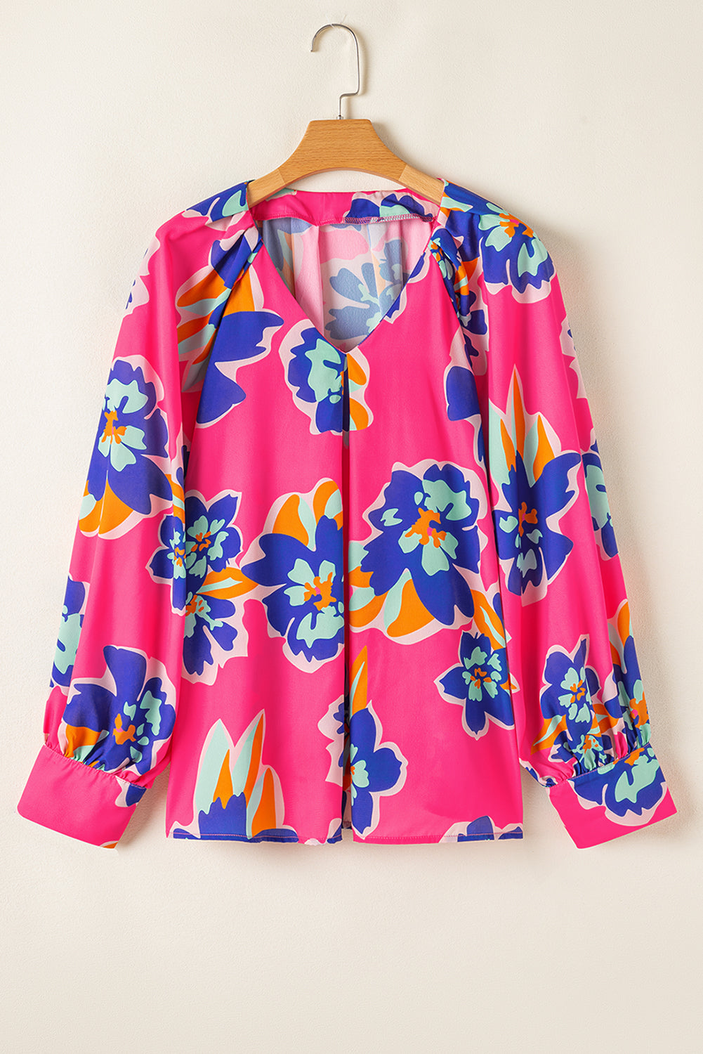 Rose Floral Pattern V Neck Balloon Sleeve Plus Size Blouse 🇨🇳