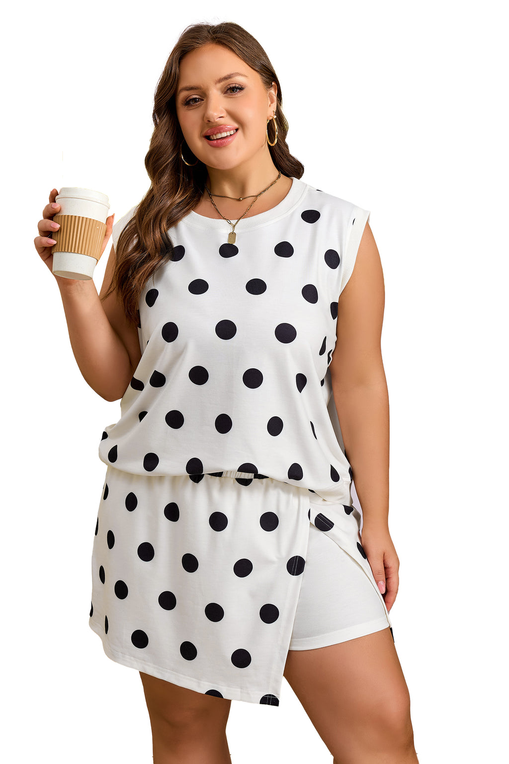 White Plus Size Polka Dot Printed Tank Split Skort 2pcs Outfit 🇺🇸