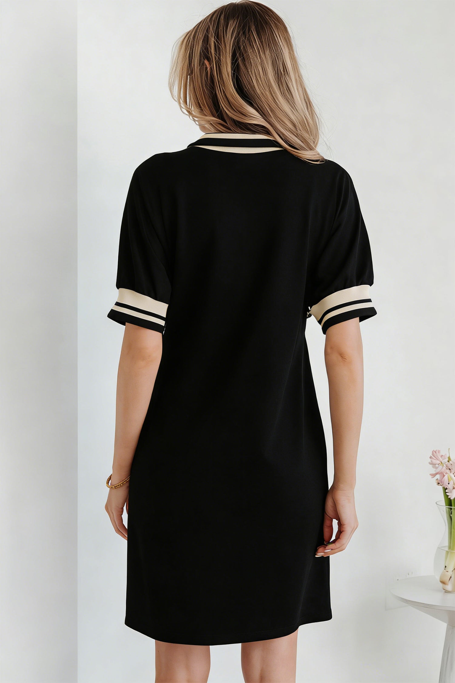 Black Striped Webbing Trim Preppy Polo Tee Dress 🇺🇸