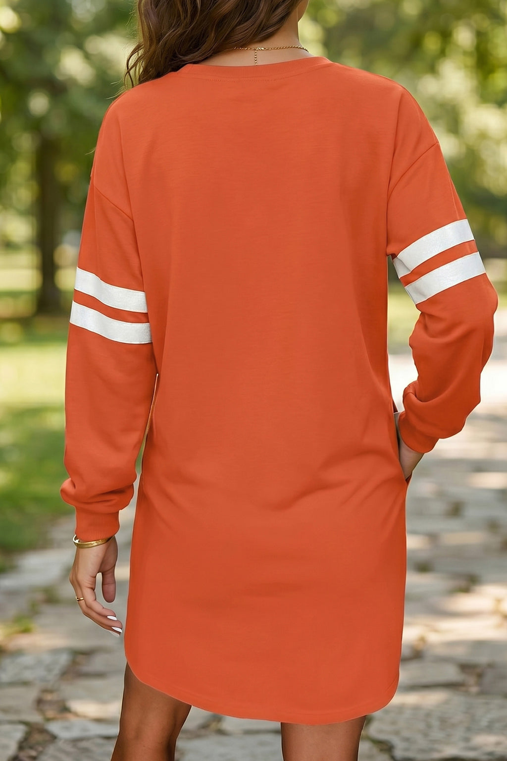 Orange Leopard Print Pumpkin Graphic Varsity Striped Long Sleeve Tunic Dress 🇺🇸